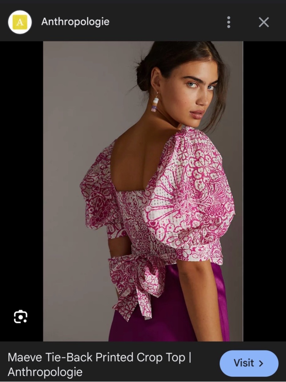Anthropologie Pink Floral Tie-Back Puff Sleeve Crop Top